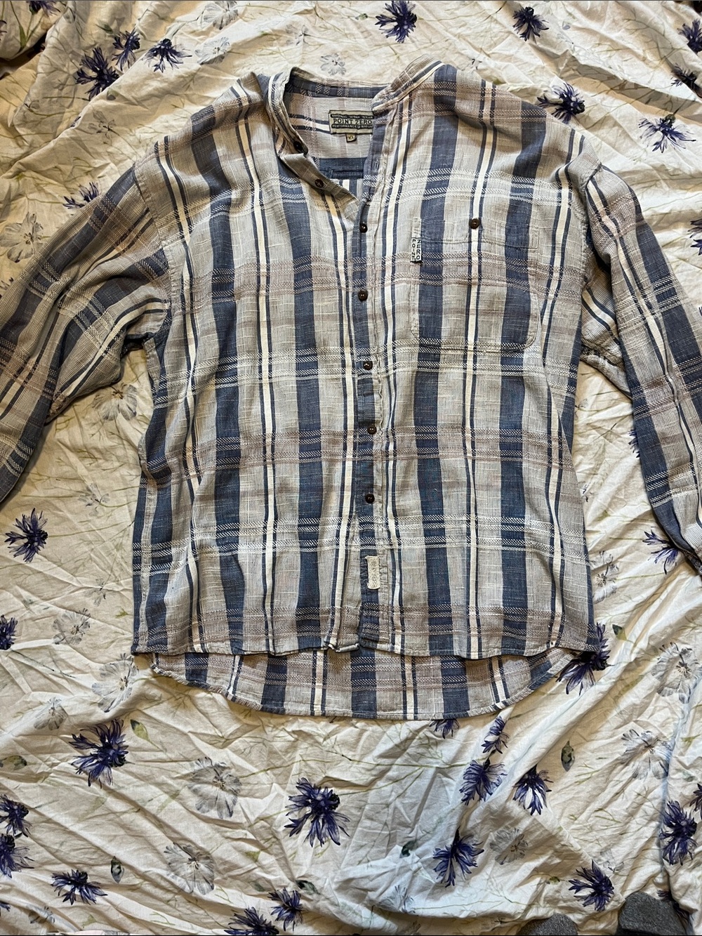 Point Zero Blue and Tan Plaid Casual Button-Down Shirt